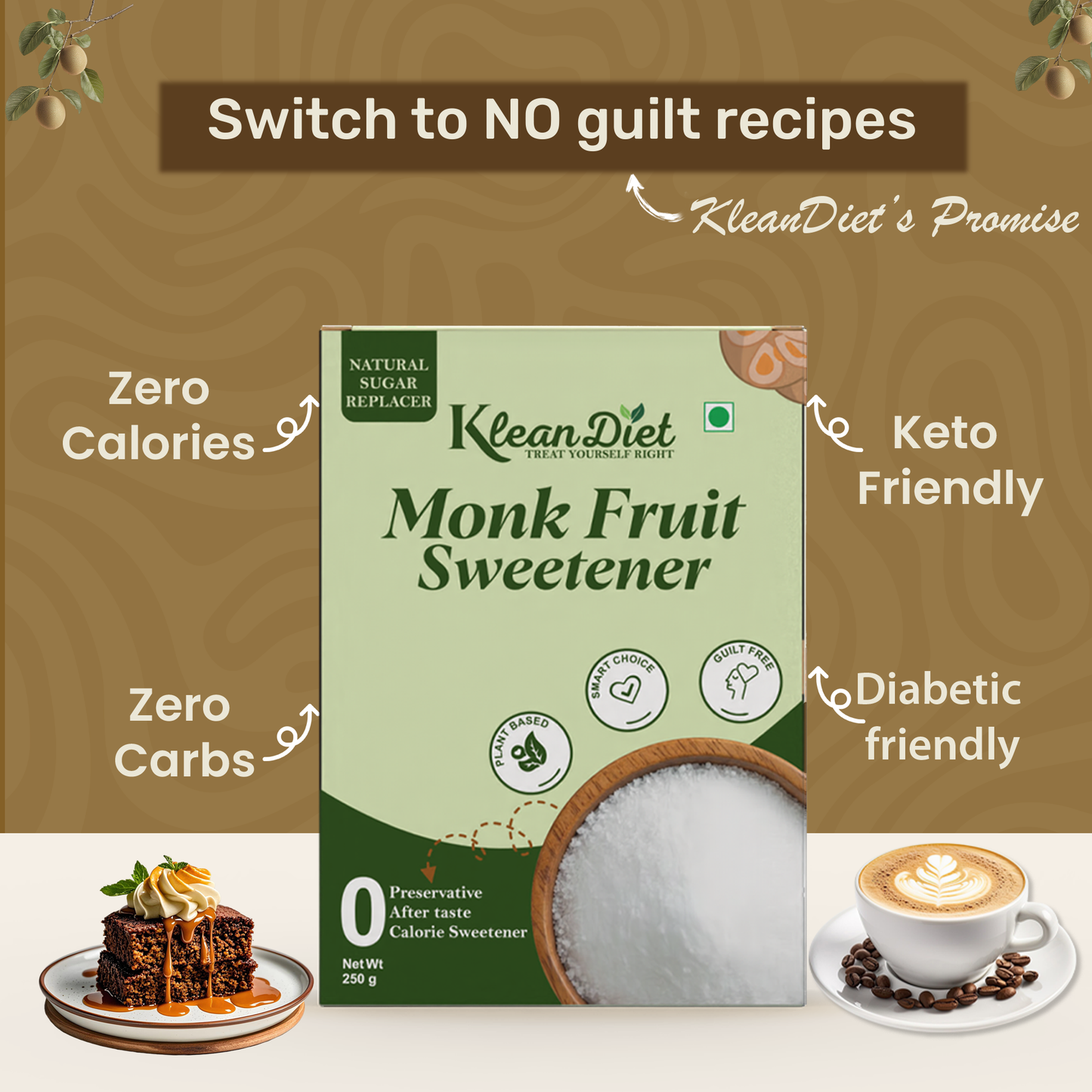 KleanDiet 1:1 Monk Fruit Sweetener | Zero Calorie, Keto & Diabetic Friendly | Natural Sugar Replacer for Daily Cooking & Beverages | Granulated | 250g (Pack of 1)