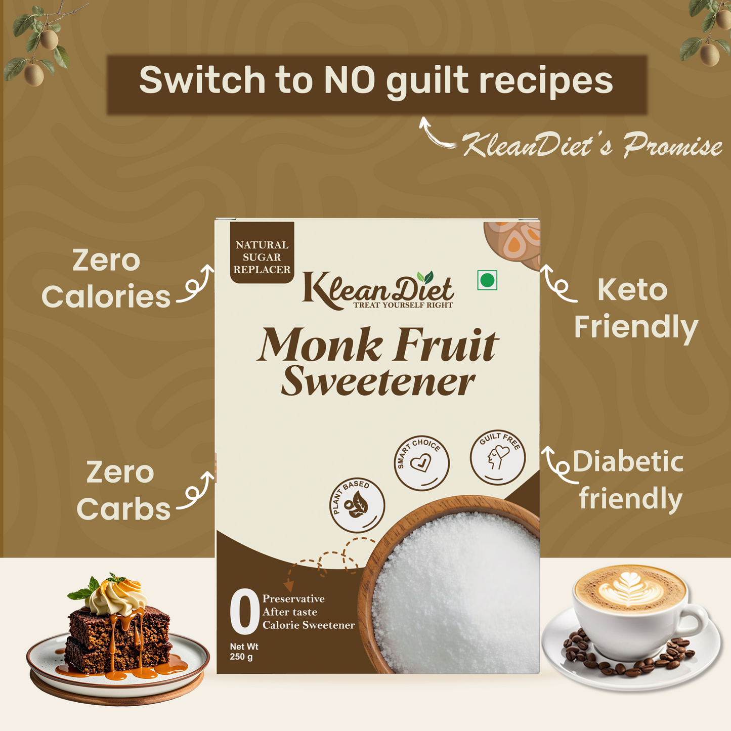 KleanDiet 1:2 Monk Fruit Sweetener | Zero Calorie, Keto & Diabetic Friendly | Natural Sugar Replacer for Cooking, Baking & Beverages | Granulated | 250g (Pack of 1)