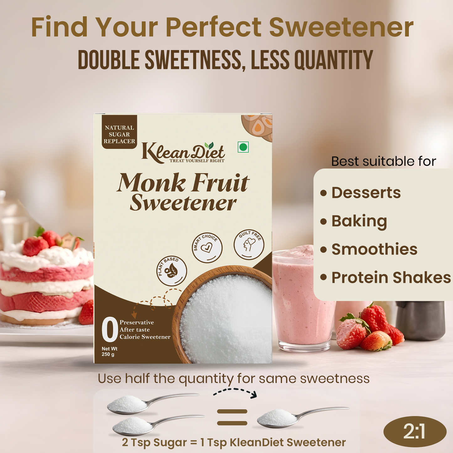 KleanDiet 1:2 Monk Fruit Sweetener | Zero Calorie, Keto & Diabetic Friendly | Natural Sugar Replacer for Cooking, Baking & Beverages | Granulated | 250g (Pack of 1)